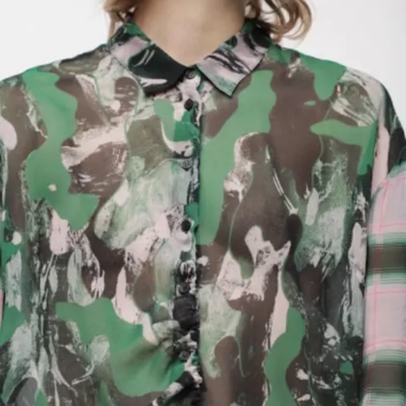 NWT Diesel C-Lois-A Contrast Plaid Georgette Sheer Long Sleeve Shirt Green Sz M - Picture 4 of 5